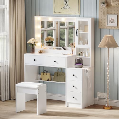 White Vanity Table with Drawer, Charging Station, Lighted Mirror P35549