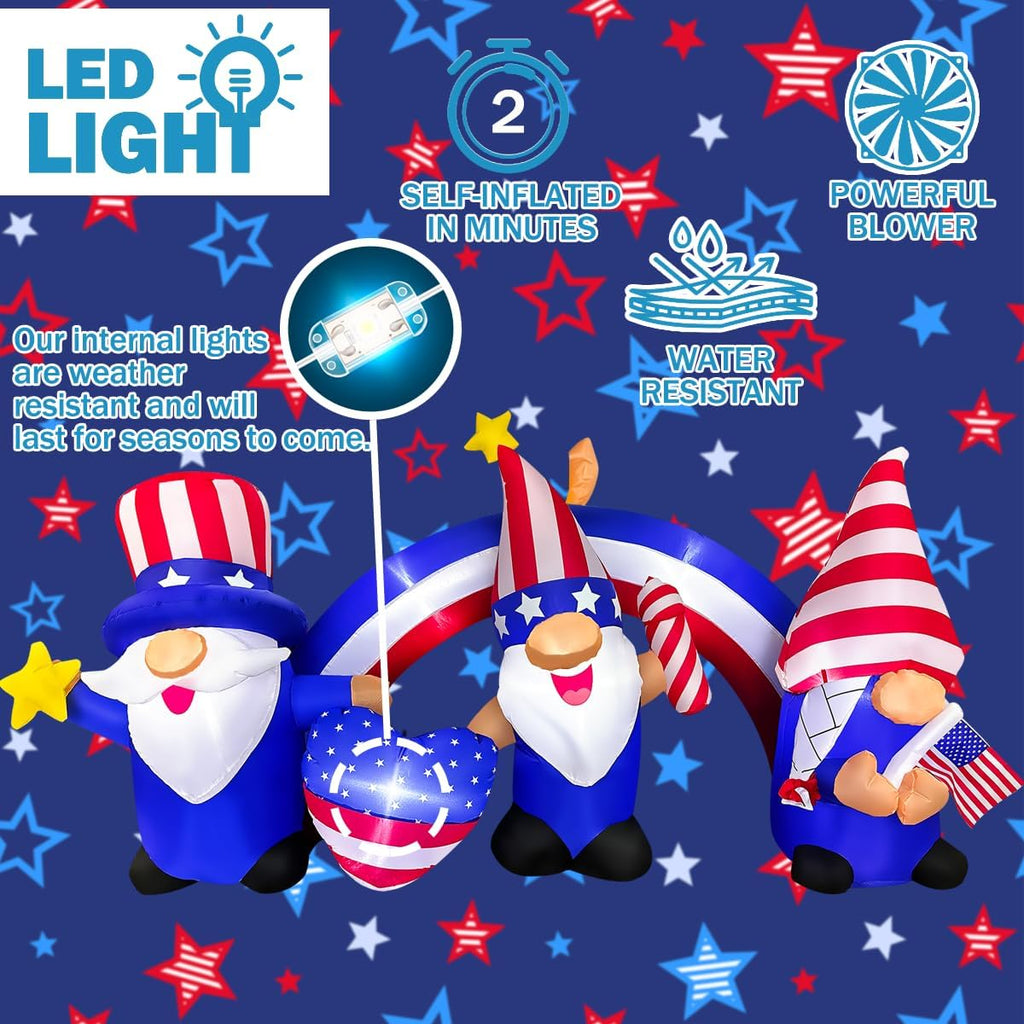 7 FT Inflatable 3 Gnomes with Archway Decorations for Independence Day C245