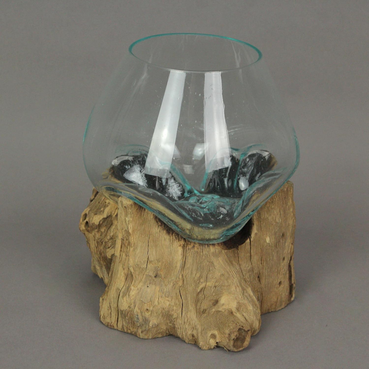 Melted Glass and Teak Driftwood Centerpiece Bowl Sculpture, 7-Inch N899199