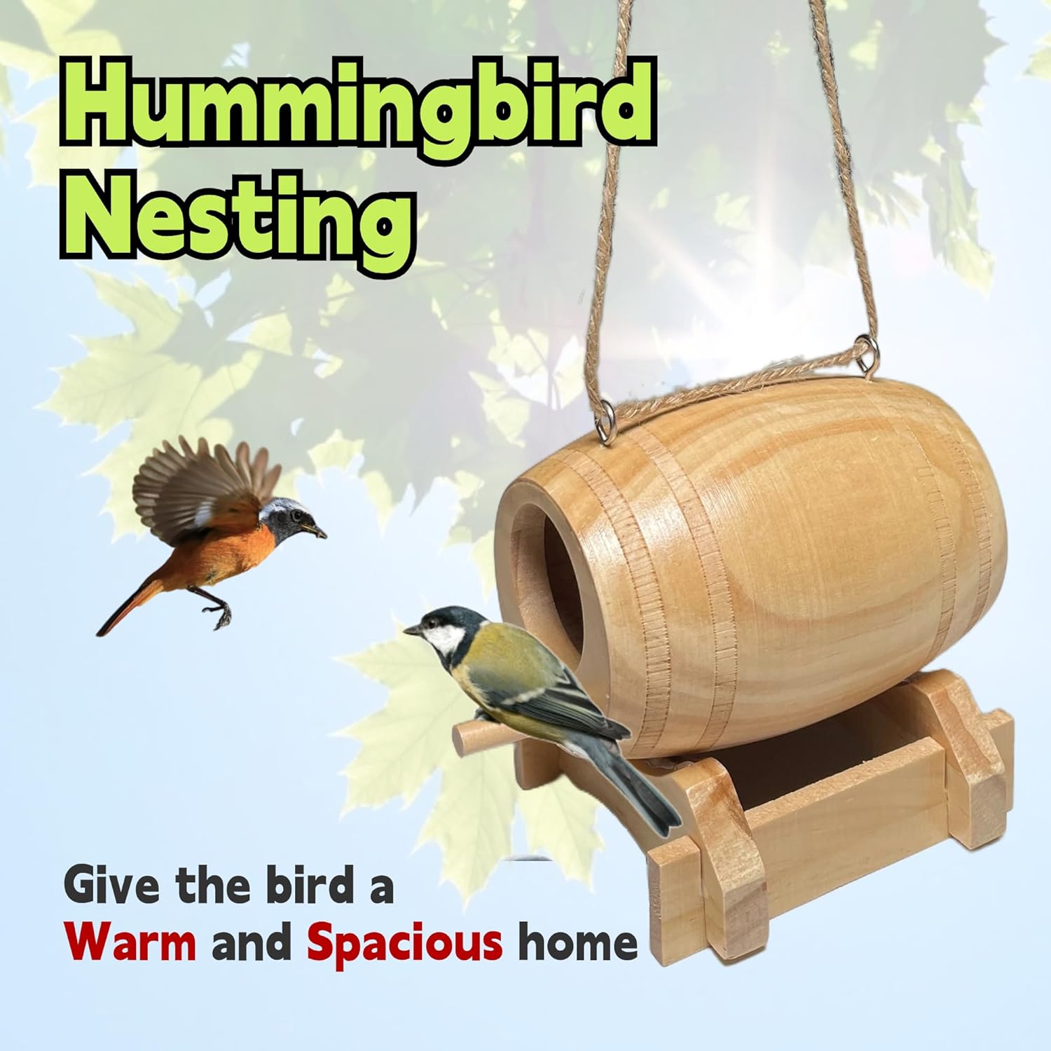 Hummingbird House for Outside Hanging, 2 Pack, Natural Wooden Nest F9084