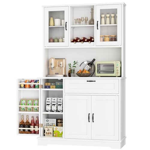 Freestanding Kitchen Pantry Cabinet with Microwave Stand, 4 Doors, Adjustable Shelves and Wine Rack C21265