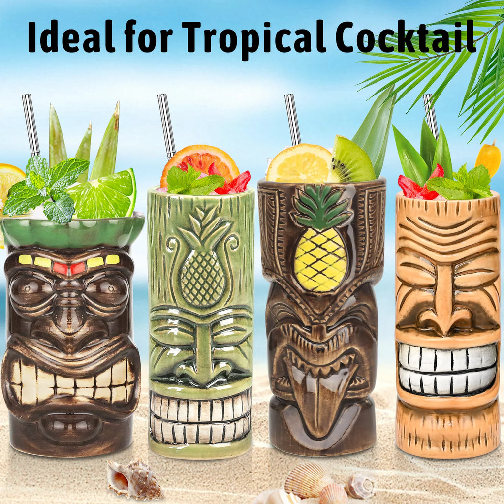 Tiki Mugs Cocktail Set of 4 - Large Ceramic Tumblers, Hawaiian Luau Party Drinkware T253