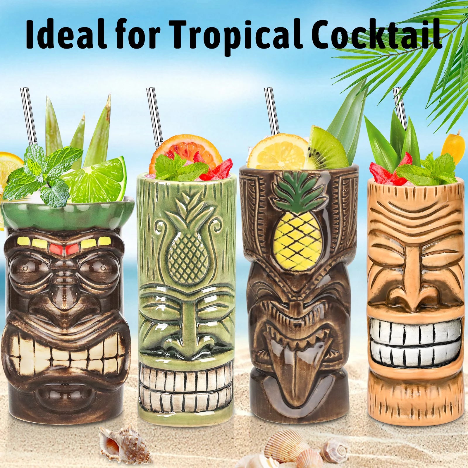 Tiki Mugs Cocktail Set of 4 - Large Ceramic Tumblers, Hawaiian Luau Party Drinkware T253