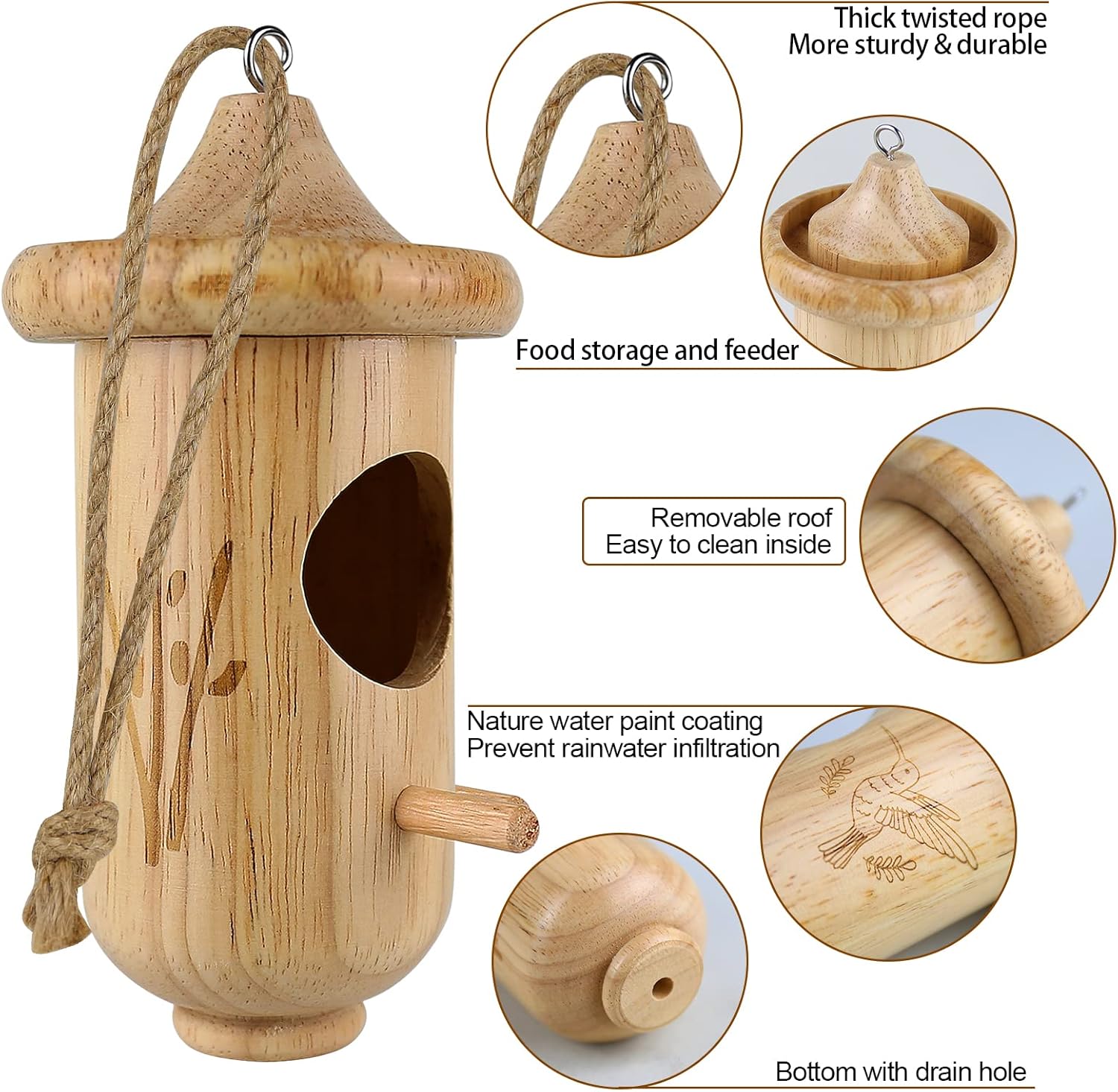 Wooden Hummingbird House for Hanging, 3 Pack with Hemp Ropes V482850