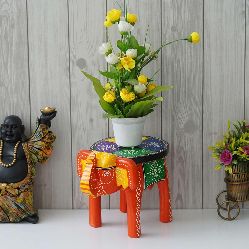 Handcrafted Painted Wooden Elephant Stool Table, Medium F6590