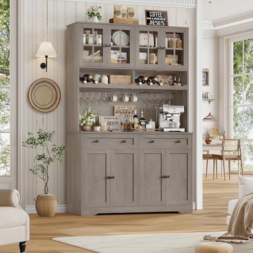 75.4" Tall Kitchen Pantry Cabinet with Charging Station, White, Glass Doors M88445