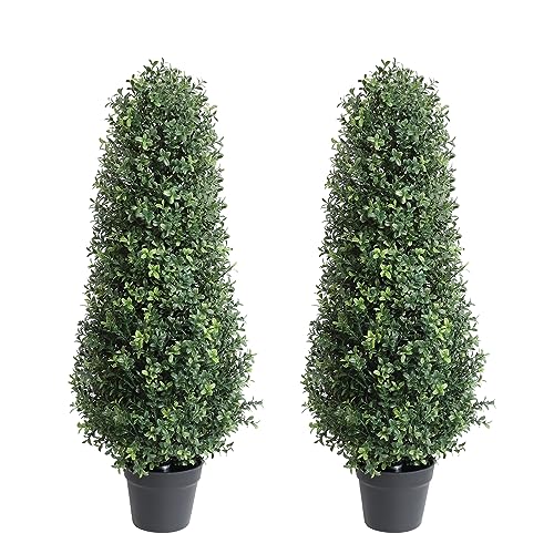 3ft Artificial Topiary Boxwood Tree UV Resistant, Outdoor Faux Shrub 2 Packs,Artificial Topiaries Boxwood Trees with Black Pot,Fake Green Plants Potted Decorative Indoor Porch or Garden（35inch）