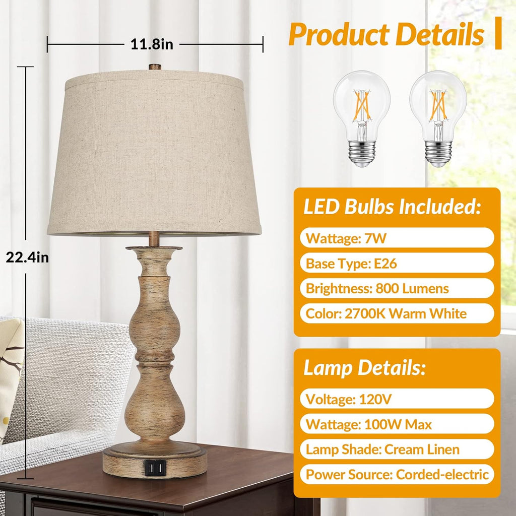 Set of 2 Touch Control Table Lamps with USB Ports, Dimmable, Cream Shades C7072