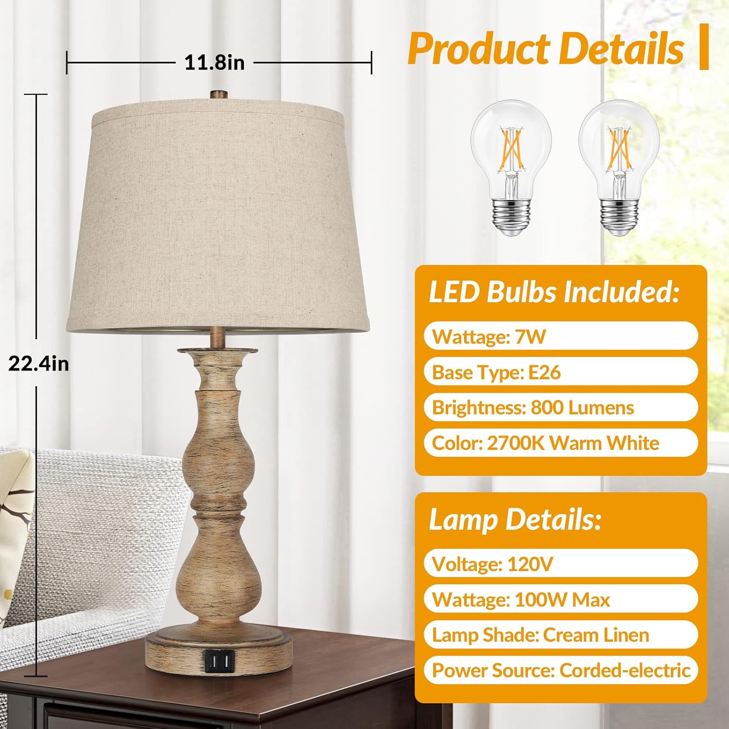 Set of 2 Touch Control Table Lamps with USB Ports, Dimmable, Cream Shades C7072