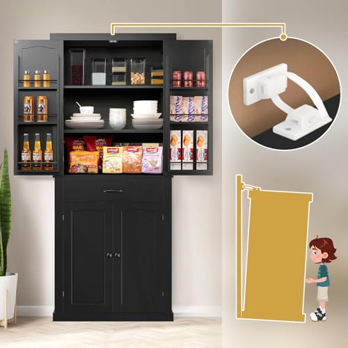 Kitchen Pantry Cabinet with 4 Doors and 1 Drawer, Freestanding Storage Cupboard L190261