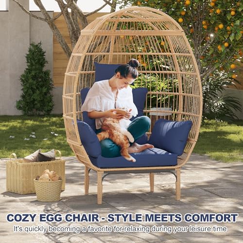 Oversized Wicker Egg Chair with 5 Cushions for Patio and Living Room I822