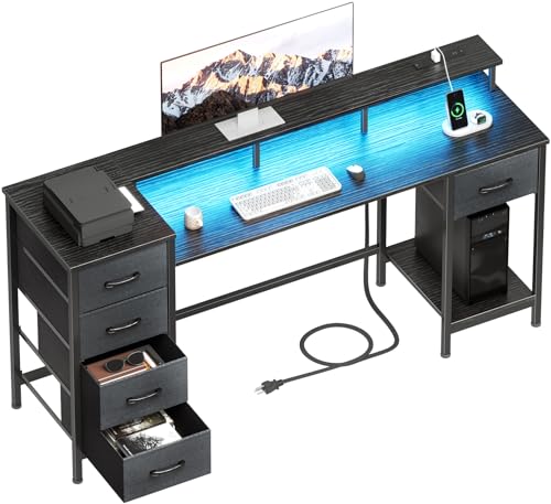 47 Inch Computer Gaming Desk with Power Outlets LED Lights and Storage Drawers I77165