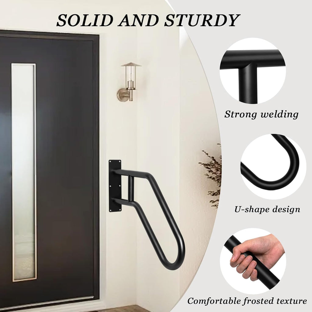 Stair Railing Wall Mount Handrail for Outdoor Steps, Stainless Steel, U-Shape, Black J942