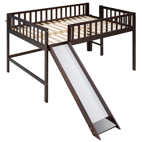 Wood House Loft Bed Frame with Slide and Storage Shelves Z806
