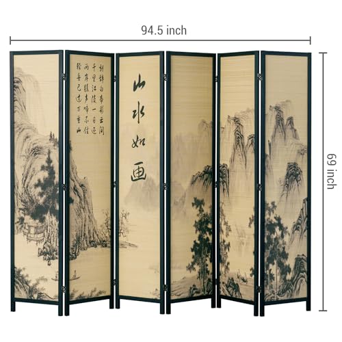 4-Panel Folding Bamboo Room Divider with Cherry Blossom Scene B61114