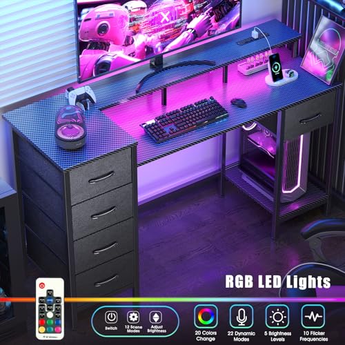 47 Inch Computer Gaming Desk with Power Outlets LED Lights and Storage Drawers I77165