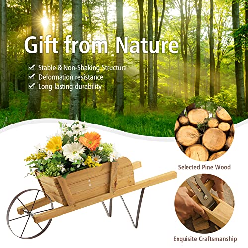 Wood Wagon Planter with Wheelbarrow Cart, Indoor Outdoor Raised Bed X798347