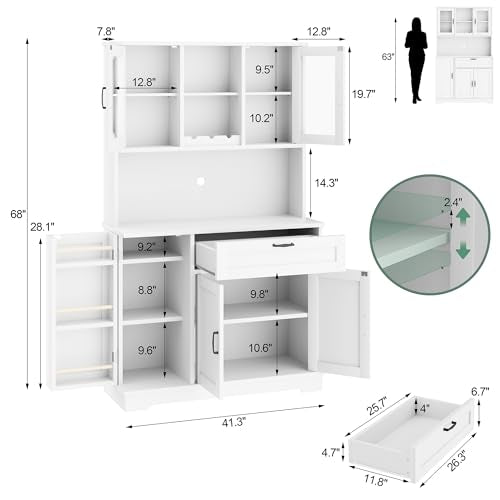 Freestanding Kitchen Pantry Cabinet with Microwave Stand, 4 Doors, Adjustable Shelves and Wine Rack C21265