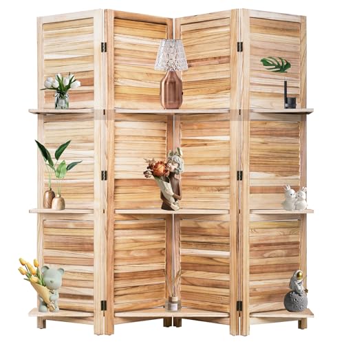 Room Divider 4 Panel Folding Wood 5.6 Ft Tall Privacy Screen with Three Shelves Y8638