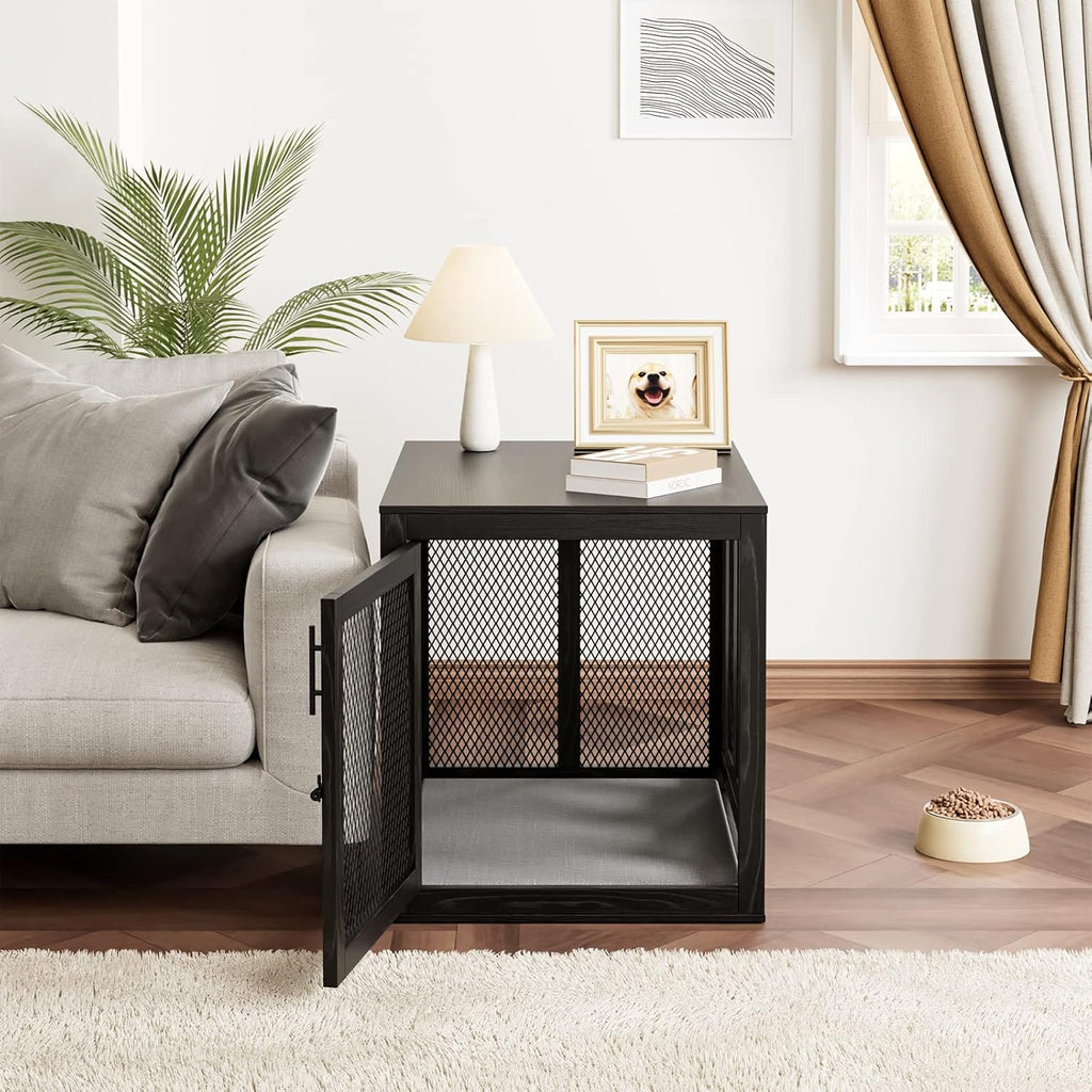 Wooden Dog Crate with Tray and Cushion, Double Doors Indoor Kennel for Small Medium Dogs T970