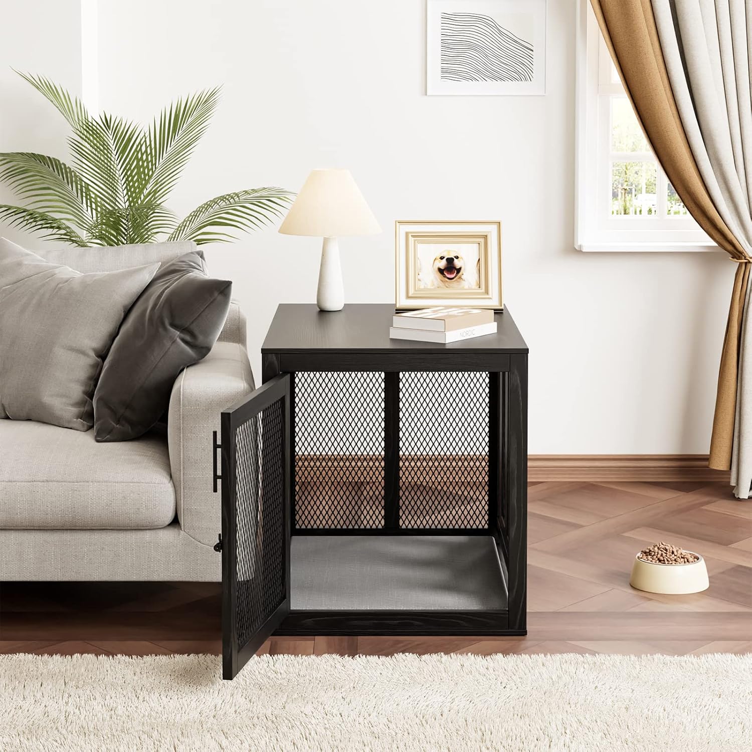 Wooden Dog Crate with Tray and Cushion, Double Doors Indoor Kennel for Small Medium Dogs T970