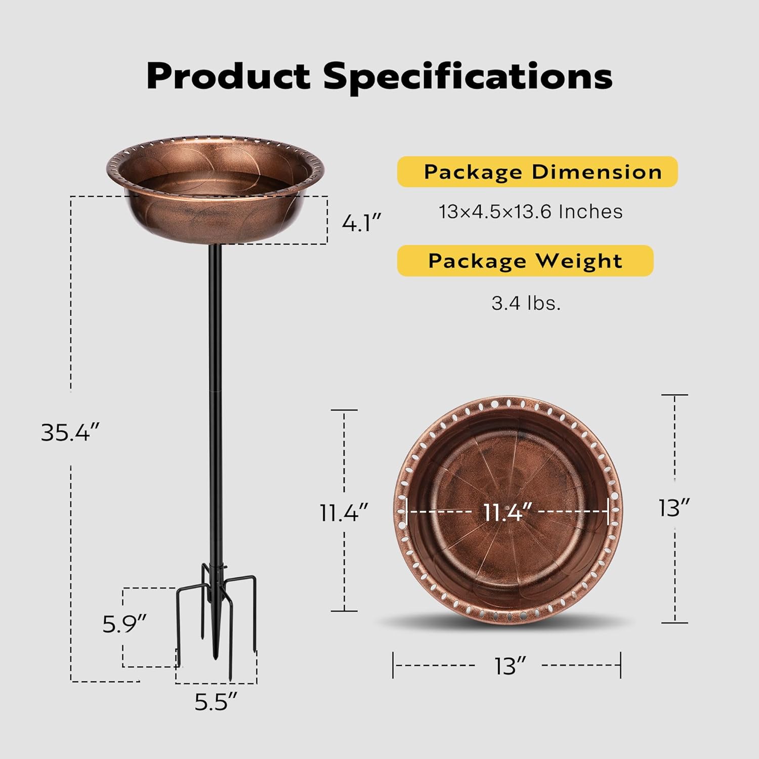 Polyresin Bird Bath with Metal Stake, 29 Inch Outdoor Freestanding Birdfeeder F405