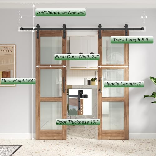 Double 18 x 84 inch Glass Barn Door with Hardware Kit & Handle Included, 3-Panel Frosted Glass, Need Assembly S404