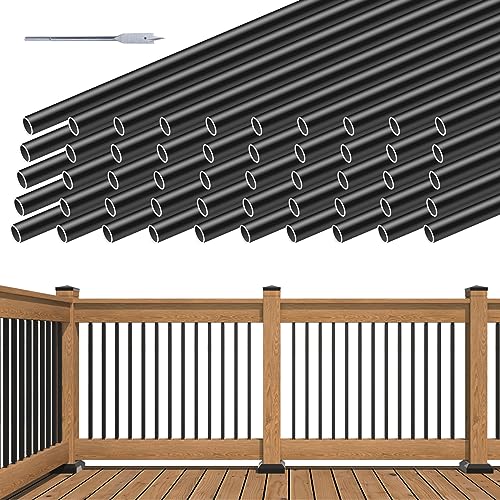 Muzata 50Pack 26" Aluminum Deck Balusters Round Black Deck Railing Stair Porch Staircase Spindles 3/4" Diameter Hollow for Wood and Composite Deck, WT02