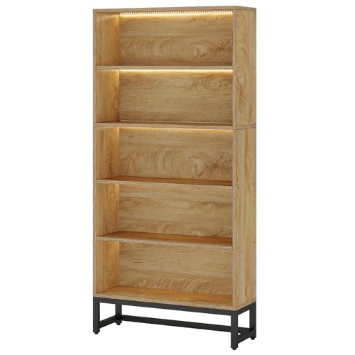 Tall Bookcase with LED Lights, 5-Tier Storage Shelves T8450