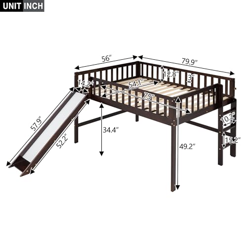Wood House Loft Bed Frame with Slide and Storage Shelves Z806