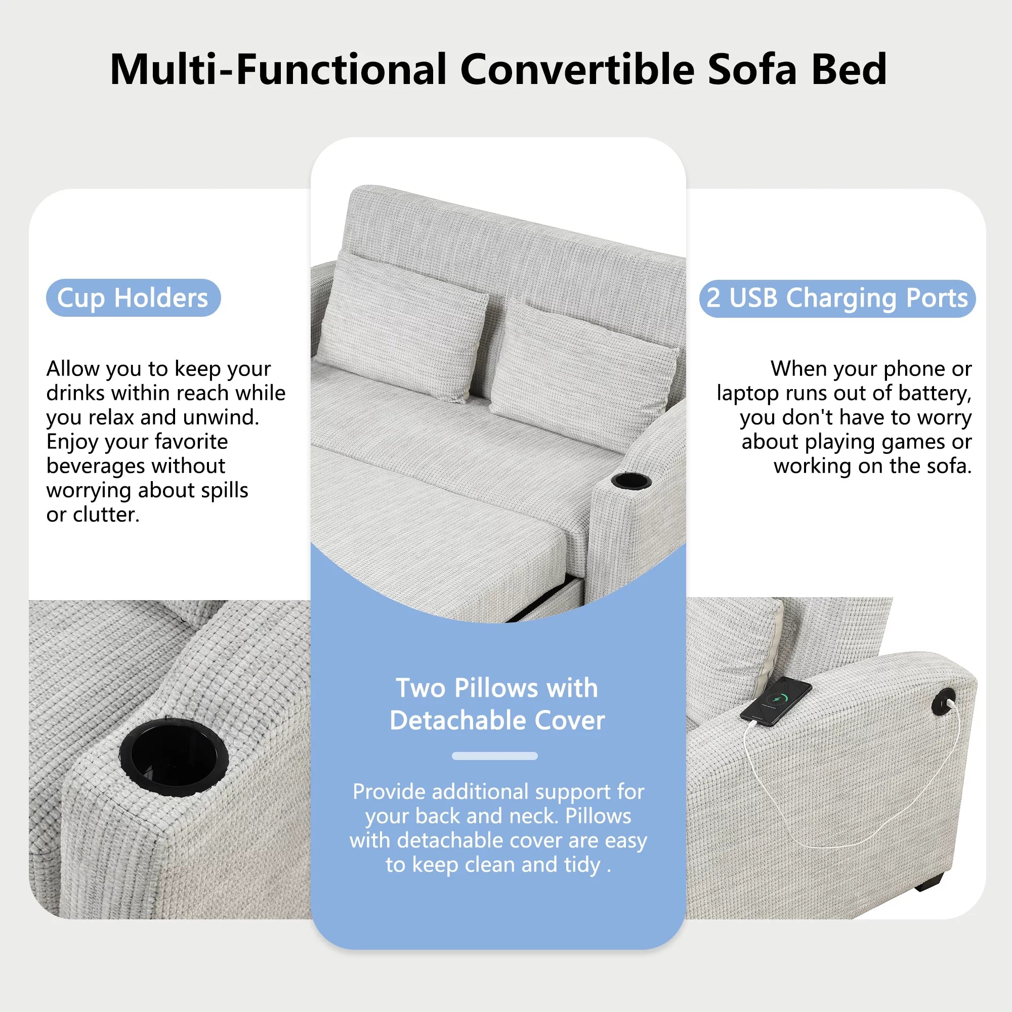 65" Pull Out Sofa Bed Chenille Convertible Loveseat with Adjustable Backrest W33639