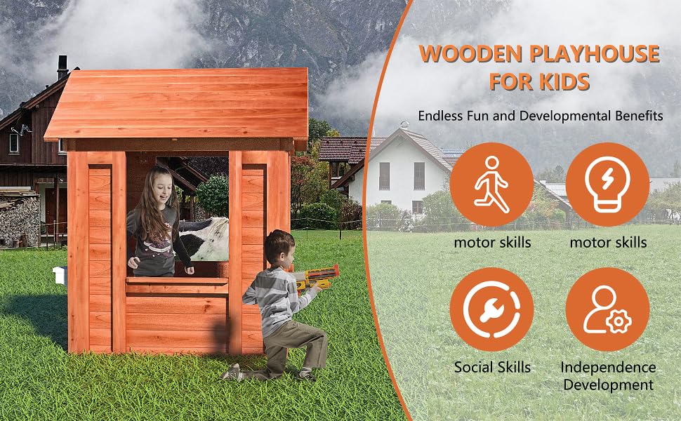 Outdoor Wood Playhouse for Kids Ages 3-6 with Door and Windows K869699