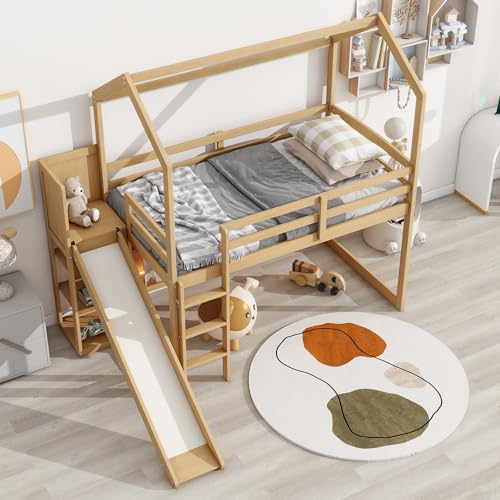 Wood House Loft Bed Frame with Slide and Storage Shelves Z806