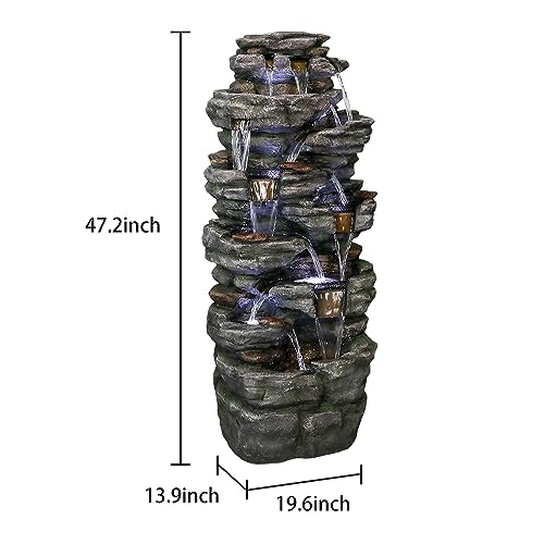 Large Outdoor Water Fountain - 47" H 9-Tier with LED Light, Resin Waterfall for Patio Garden Decor O9007