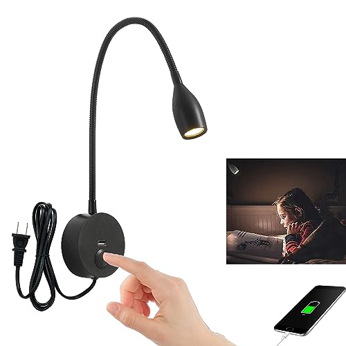 Touch Switch Dimmable Reading Light Wall Mounted Reading Light headboard Reading Light Task Directional LED Gooseneck Light AC (120V) Powered 3W (Brushed Nickel, Warm White)