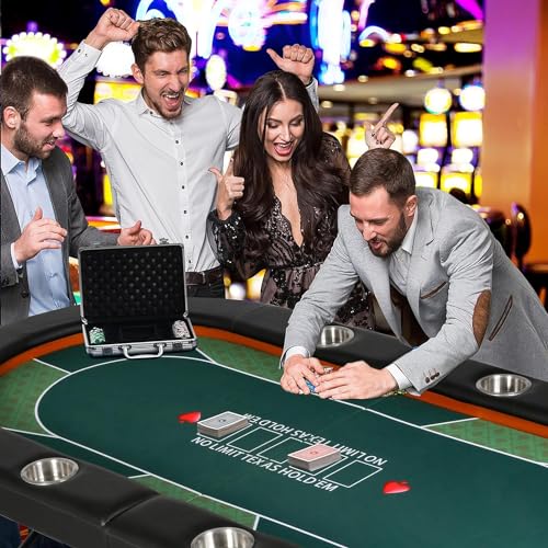 84" Foldable Poker Table with Chips Tray, 10 Player Oval, Green Felt U489