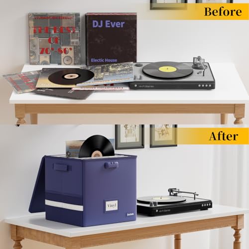 Vinyl Record Storage Box with Lock, Fireproof & Water Resistant, Holds 100+ 12-Inch Records H505