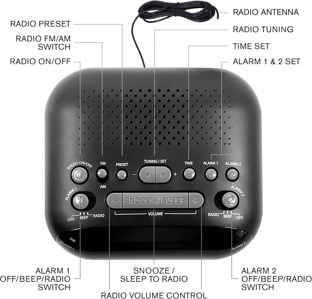 Dual Alarm Clock Radio, AM/FM, Black U7632