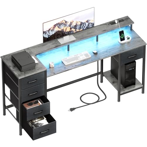 47 Inch Computer Gaming Desk with Power Outlets LED Lights and Storage Drawers I77165