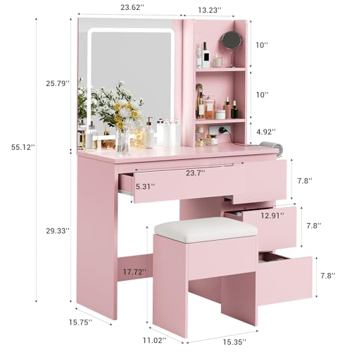 Vanity Desk with Mirror and Lights, 4 Drawers and Storage Stool D711