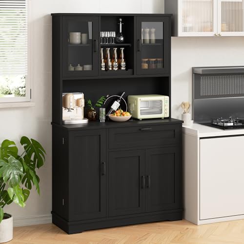Freestanding Kitchen Pantry Cabinet with Microwave Stand, 4 Doors, Adjustable Shelves and Wine Rack C21265