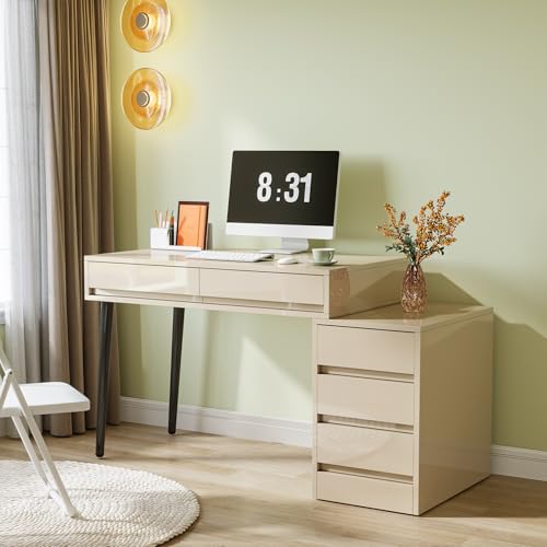 Gloss Desk with 5 Drawers, Modern Home Office Desk with Storage and Printer Stand W15196