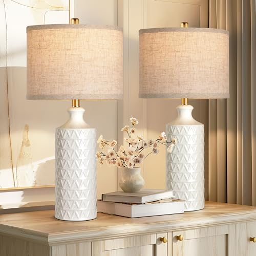Farmhouse Ceramic Table Lamp Set of 2, 25" White Bedside Lamp with 3-Color LED Bulbs C7923