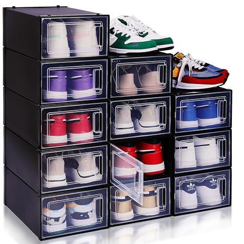 FINESSY Shoe Organizer Box for Closet, Plastic Clear Shoe Storage Boxes Stackable with Lids 12 Pack for Mens Sneaker Black, Shoe Boxes Clear Plastic Stackable, Shoe Display Case Container Organization