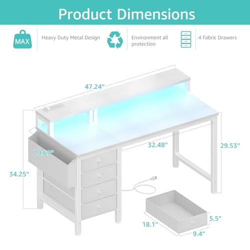 Gaming Desk with LED Lights and Power Outlets, 47 Inch Computer Desk with Fabric Drawers U2584