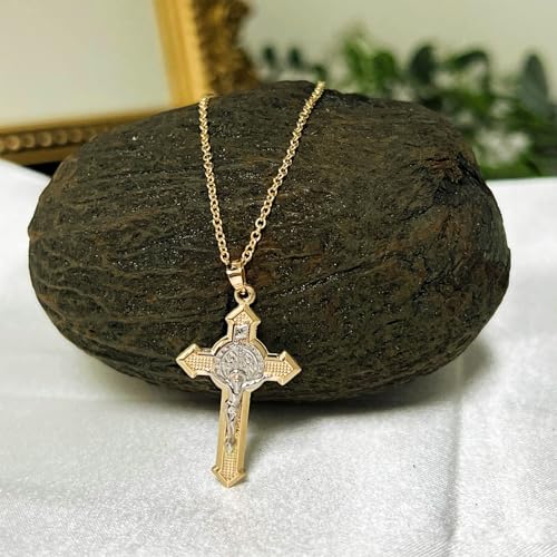 14k Two Tone Gold Saint Benedict INRI Crucifix Cross Reversible Pendant F6031