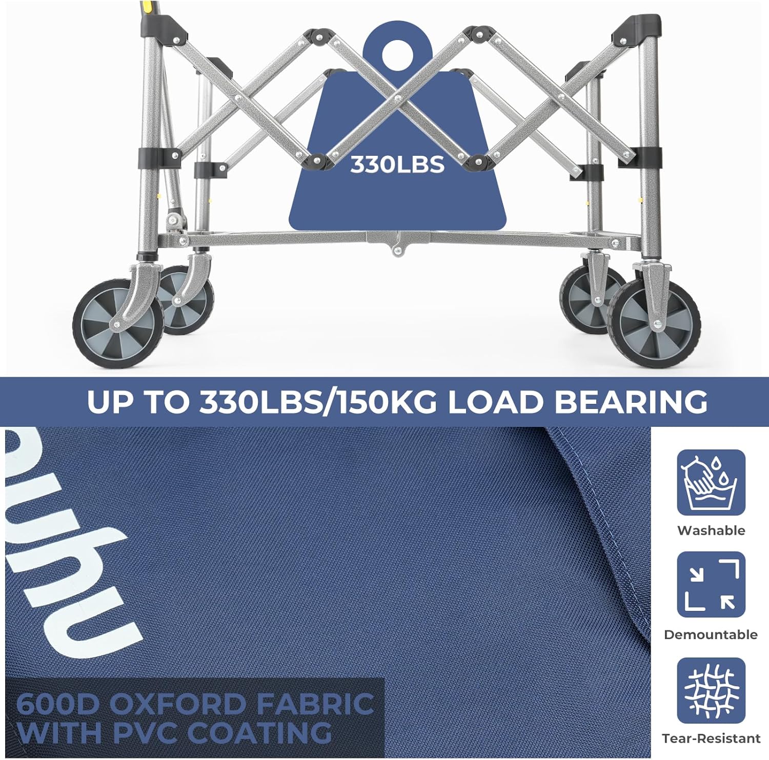 Foldable Utility Wagon Cart with Wheels, 85L Capacity, Heavy Duty for Camping and Shopping Y1713
