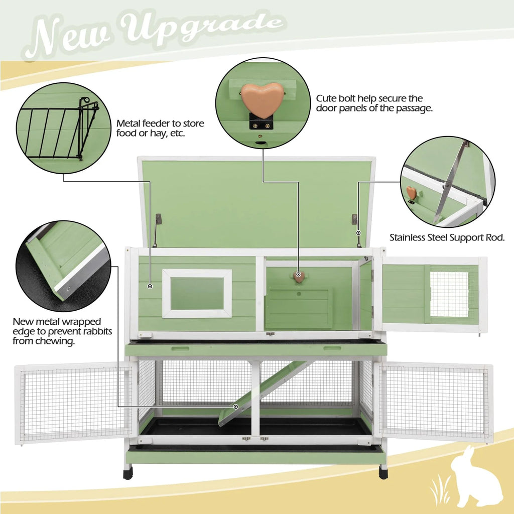 Rabbit Hutch Indoor Outdoor Cage on Wheels Two Story Weatherproof with Deep Trays G1859