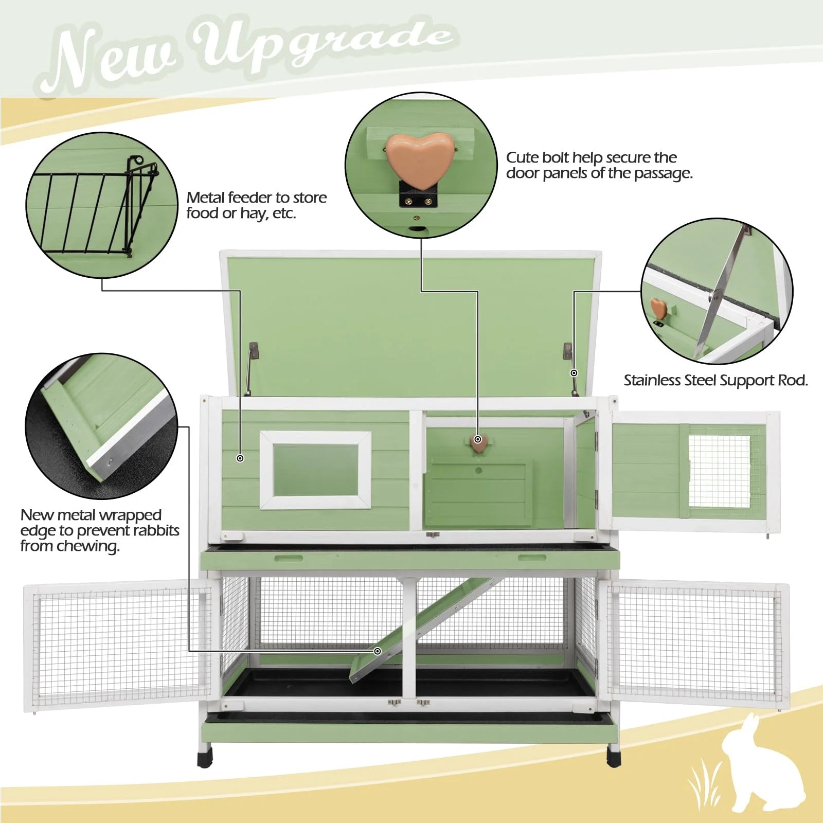 Rabbit Hutch Indoor Outdoor Cage on Wheels Two Story Weatherproof with Deep Trays G1859