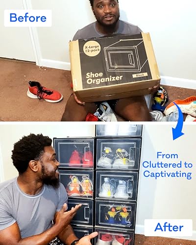 Shoe Organizer Box for Closet, Plastic Clear Stackable with Lids, 12 Pack Q7685